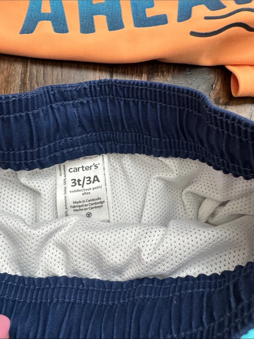 Carter's Peach Long-Sleeve Rash Guard with Blue Striped Swim Shorts